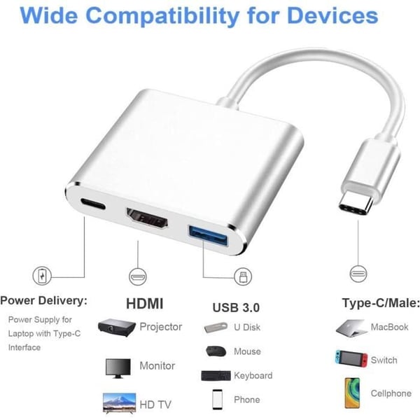 USB C - HDMI 4K - sovitin, EAAERR Type C Hub HDMI - sovitin, digitaalisella USB 3.0 -muuntimella, USB C -latausportti [1320]