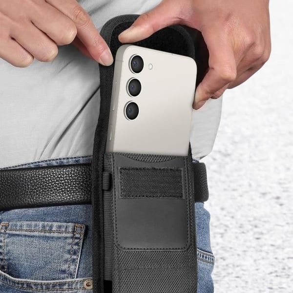 Vertikal smartphone nylon bälte väska med klämma och karbinhake storlek L svart