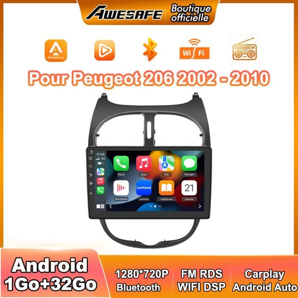 AWESAFE Autoradio Android 13 för Peugeot 206 (2002-2010) 1Go+32Go 9'' Pekskärm med GPS Carplay Android Auto FM WiFi