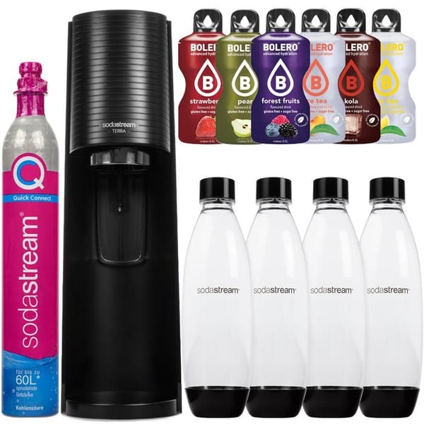 Sodamaskin - Sodastream - Terra Black - 4 flaskor 1L - Quick Connect-kartong - 6 smaker utan socker