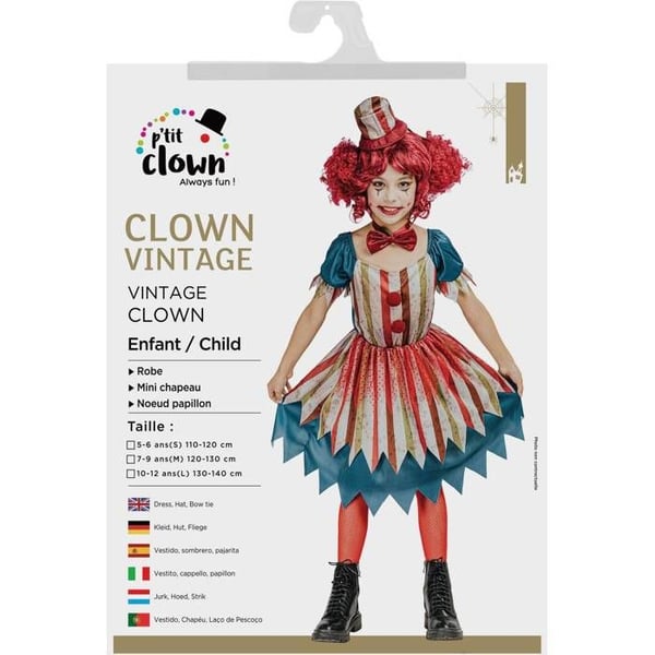 Kostym - PTITCLOWN - Vintage clownklänning - Röd - Flicka 5-6 år - Minihatt & fluga
