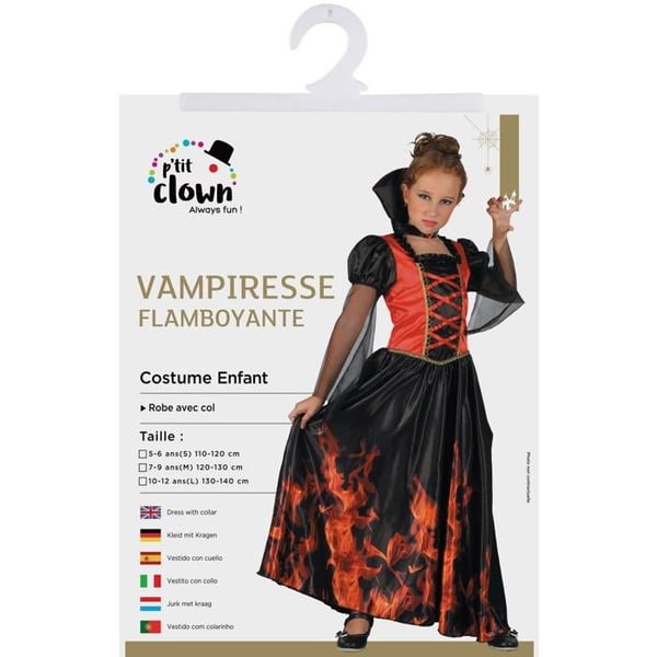 Kostym - LITEN CLOWN - Brinnande Vampyr Flicka - Svart klänning med lågor - Stort krage - 3 år+