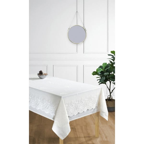 En överraskning gömmer sig bakom detta erbjudande Bordsduk antistain alla mått - Bordsduk + Överduk Kräm - Rektangulär duk 150 x 25