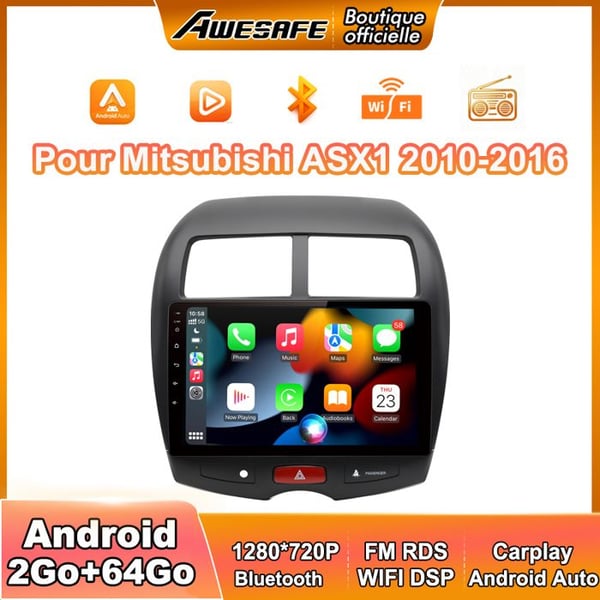 AWESAFE Autoradio Android 13 för Mitsubishi ASX 1 (2010-2016) 2Go+64Go 10'' Pekskärm Carplay Android Auto GPS WiFi FM