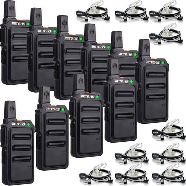 Retevis RT619 Mini Talkie Walkie med Hörlurar, PMR446 1300mAh Uppladdningsbar, Metall Bakclip, VOX, för skolan (10 St)