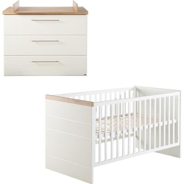 Chambre Bébé Duo ROBA Nele - Evolutivt Säng 70x140 cm + Skötbord - Vit / Ekdekorerad