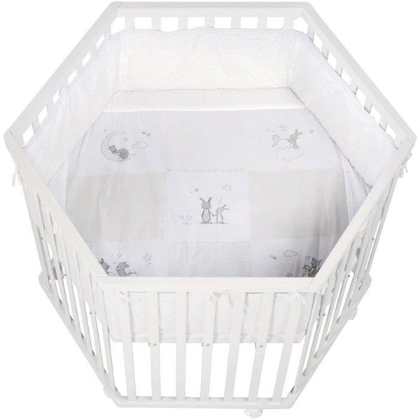 Parc hexagonal - ROBA - FOX & BUNNY - Från födseln upp till 15 kg - Justerbar - Hjul - Vit lackad