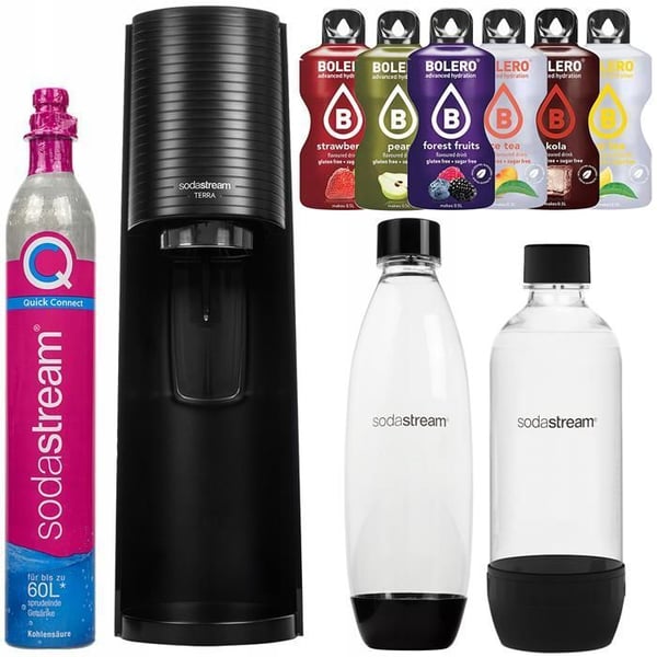 Kolsyradrurkan - SodaStream - Terra Black - 2 flaskor 1L - 1 CO2-cylind - 6 Bolero-drycker