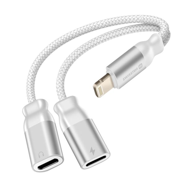 Splitter Audio och Lightning-laddning 2-i-1 Nylonflätad Anti-knut Swissten Vit