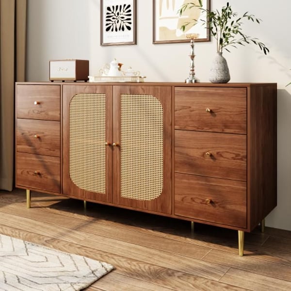 Buffet - MUVOE - 160 x 40 x 90 cm - 2 døre - 3 skuffer - Rattan og træ