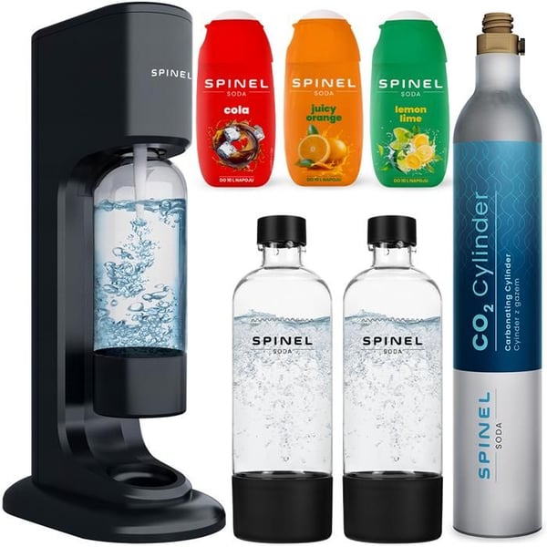 Sodamaskin - SPINEL - Soda BubbleON - 2 flaskor 1L utan BPA - 3 sockerfria siraper - Svart