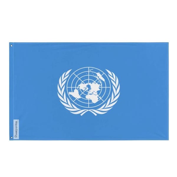 Förenta nationernas flagga – 64 x 96 cm – Hållbar polyester – 2 metallöglor – Inomhus-/Utomhusbruk – Pixelforma