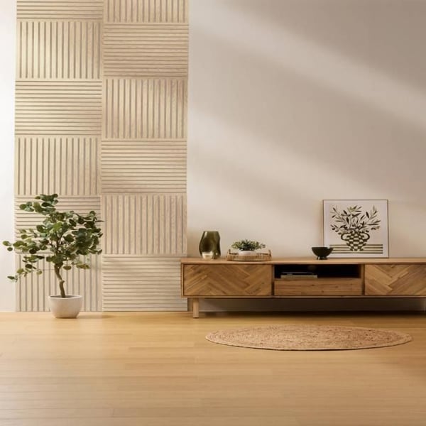 Dekorativt panel med träreglar Colva - 60 x 60 x 2,1 cm - Ljus ek effekt på gråbeige bakgrund