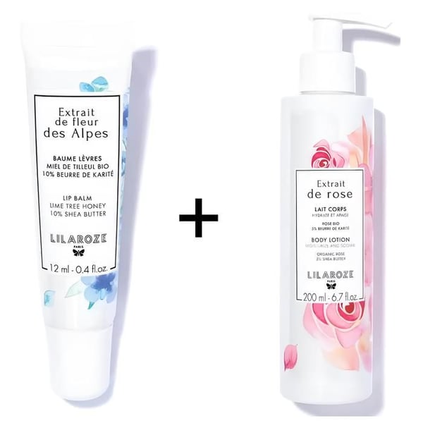 Pack Lilaroze Paris: Ekologisk Lindhonung Läppbalsam & Alper + Ros & Sheasmör Fuktgivande och Lugnande Kroppslotion