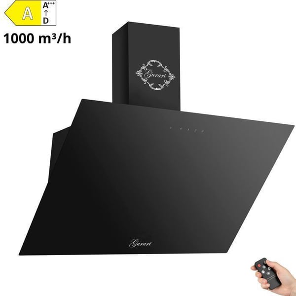 Fläkt 90 cm GURARI 286 BL 9 Svart glas•Väggmonterad lutande 1000m³/h•Utsugning/Återvinning•Touch Control+Fjärrkontroll