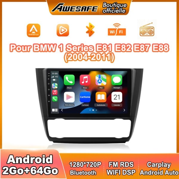 AWESAFE Autoradio Android 13 för BMW 1 Series E81 E82 E87 E88 (2004-2011) 2Go+64Go 9'' Touchskärm Carplay Android Auto GPS