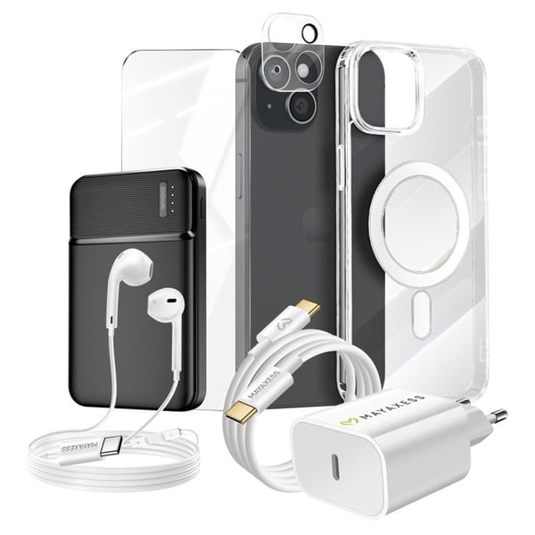 iPhone 15-fodral - MAYAXESS - Transparent - MagSafe-skal - USB-C-laddare 20W - USB-C-hörlurar