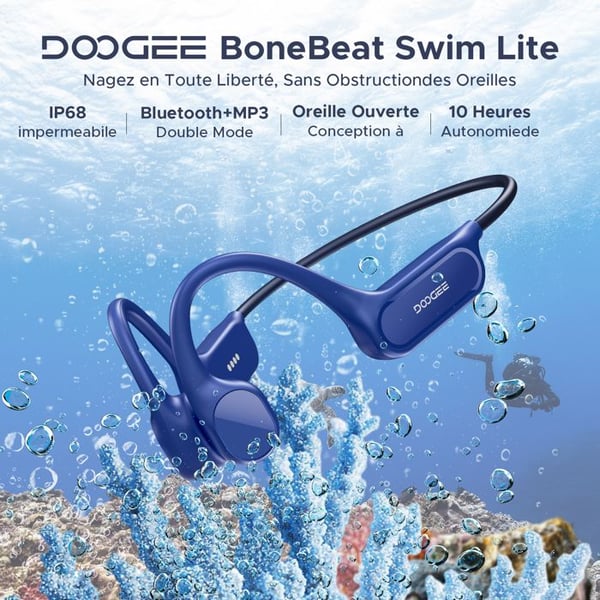 DOOGEE Benhörlurar med Benledning, IP68, Simning, 10h Batteritid, BT5.4, 32GB MP3, Dubbel Läge, Sport & Cykling - Blå