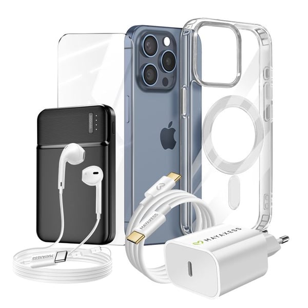 Komplett paket för iPhone 15 Pro Fodral, Glas, Laddare, Extern batteri, hörlurar (6 delar) Mayaxess Transparent