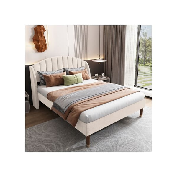 Polstret seng - MUVOE - 160x200 cm - Beige velour - Nem montering - 2 pladser