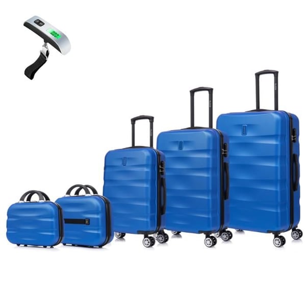 Resväska Set 5 Delar | CELIMS AeroWave Resväska | Kabin + Medium + Stor + 2x Necessär | 360 Hjul | Lås | Blå