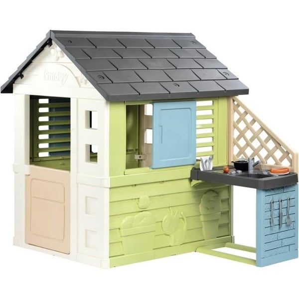 Smoby Life - Finstuga Pretty + Sommarkök - Grillplatta och diskho - 17 tillbehör - Återvunnet material - Från 2 år