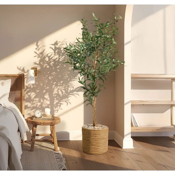 DESIGN AMEUBLEMENT - Realistisk konstgjord olivträd - Trädstam i trä, löv i PE - Svart kruka - 145 cm