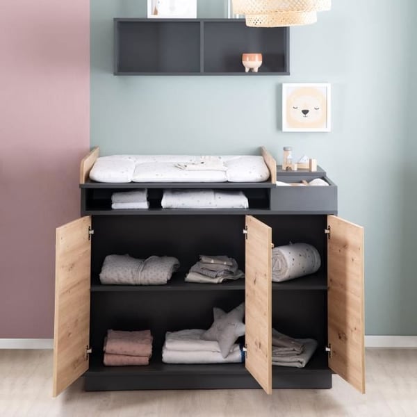 Chambre Bébé Duo Lenn - Evolutive Säng 70x140 cm + Skötbord - ROBA - Antracit / Trädekor