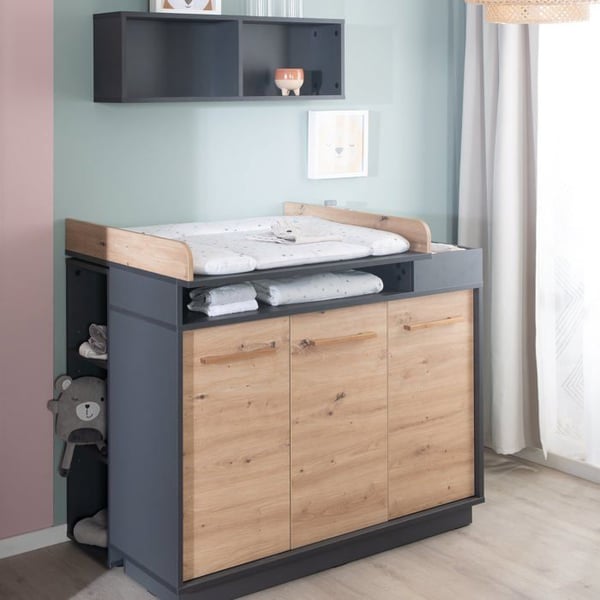 Chambre Bébé Duo Lenn - Evolutive Säng 70x140 cm + Skötbord - ROBA - Antracit / Trädekor