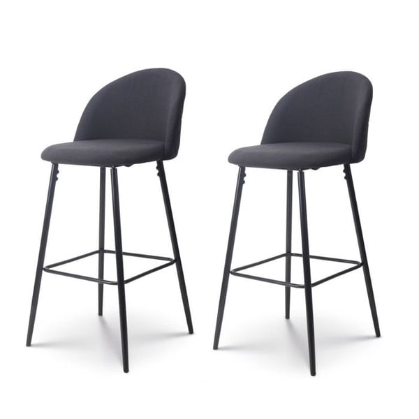 Set med 2 moderna designbarstolar med ryggstöd – Höga stenstolar i svart tyg och svarta metallben – Höjd 76 cm