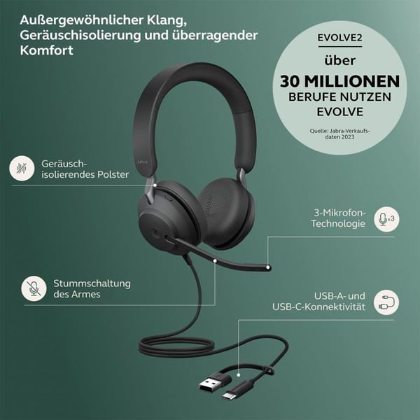 Micro-headset - JABRA - Evolve2 40 SE UC - Stereo - Kablede - Over-ear