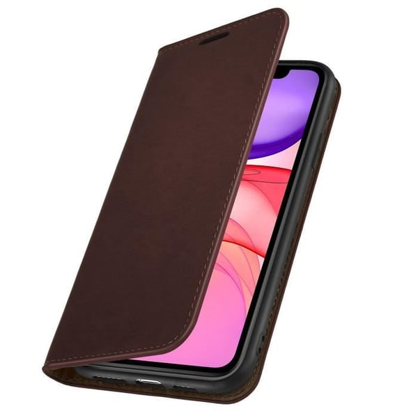 Foliofodral - AVIZAR - iPhone 11 - Äkta läder - Mörkbrun - Video stöd