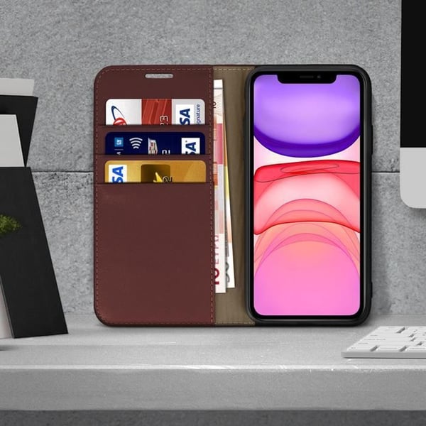 Foliofodral - AVIZAR - iPhone 11 - Äkta läder - Mörkbrun - Video stöd