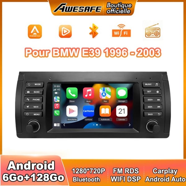AWESAFE 4G Autoradio Android 13 för BMW E39 (1996-2003) 6Go+128Go med 7'' Touchskärm GPS Carplay Android Auto Bluetooth