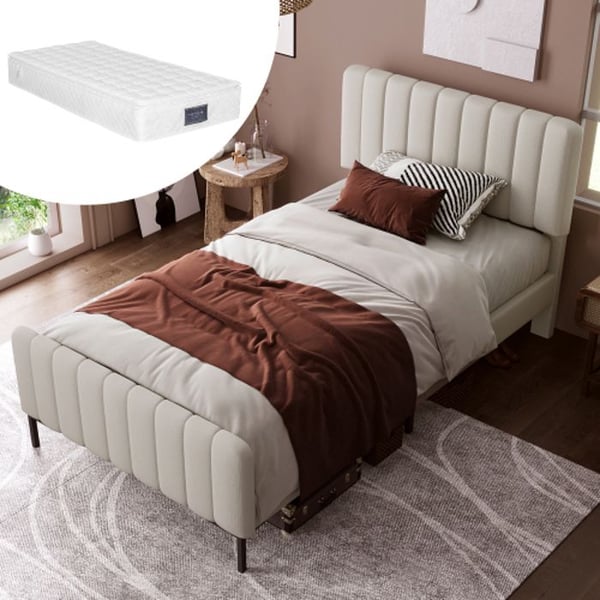 Seng simpel 90x200 cm - MUVOE - Ramme med lamelbund - Justerbar hovedgærde - Grå-beige - Madras inkluderet