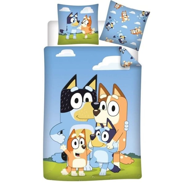 BLUEY Familj, Bäddset Barn Tryckt Vändbar Polybomull, Täcke 140x200 cm, Kudde 65x65 cm