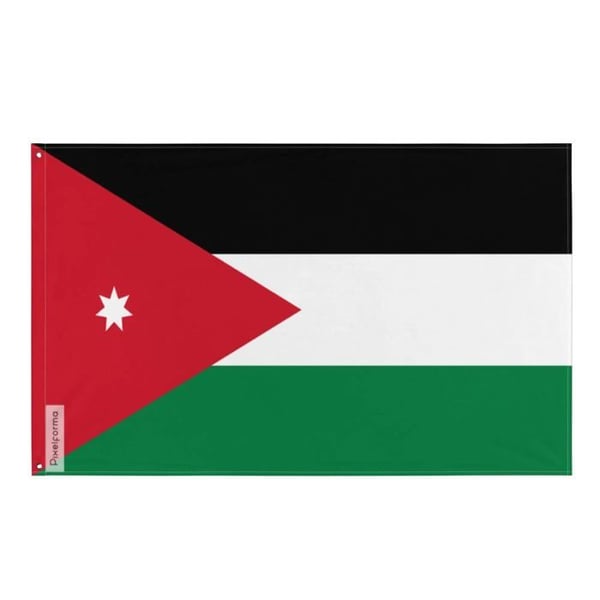 Jordanien flagga – 96 x 144 cm – Hållbar polyester – 2 metallöglor – Inomhus-/Utomhusbruk – Pixelforma