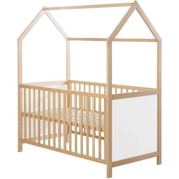 ROBA Lit Cabane Bébé Evolve 70x140 cm - Konvertibel till Junior Säng och Bänk - Höjd Justerbar - Lackad Vit / Naturlig Trä