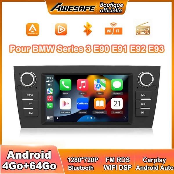 AWESAFE 4G Bilradio Android 13 för BMW 3-serie E90 E91 E92 E93 4Go+64Go med 7'' Touchskärm GPS Carplay Android Auto Bluetooth