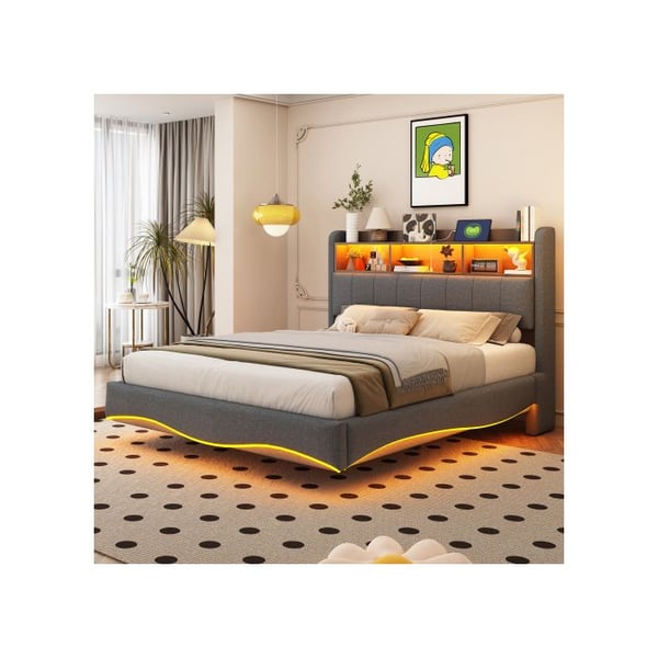 Ljus mural - MUVOE - 140x200 - Grå linne - Förvaring med LED-belysning - USB- och Type-C-portar