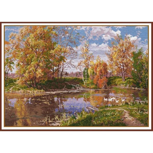 Kit för broderi med korsstygn Oven - Höstsjö 38x27 cm