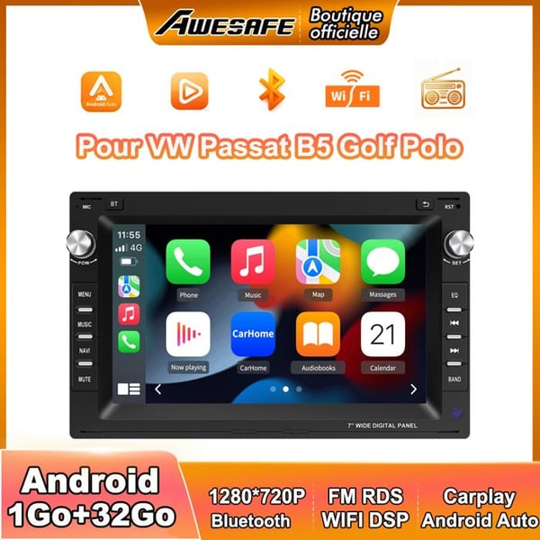 AWESAFE Autoradio Android 13 för VW Passat B5 Golf Polo MK4 T5 1Go+32Go med 7'' Pekskärm GPS Carplay Android Auto Bluetooth