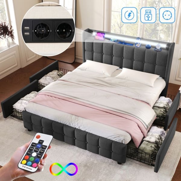 Säng - MUVOE - 160x200 cm - Polstrad - LED-belysning - 4 lådor - USB-laddning