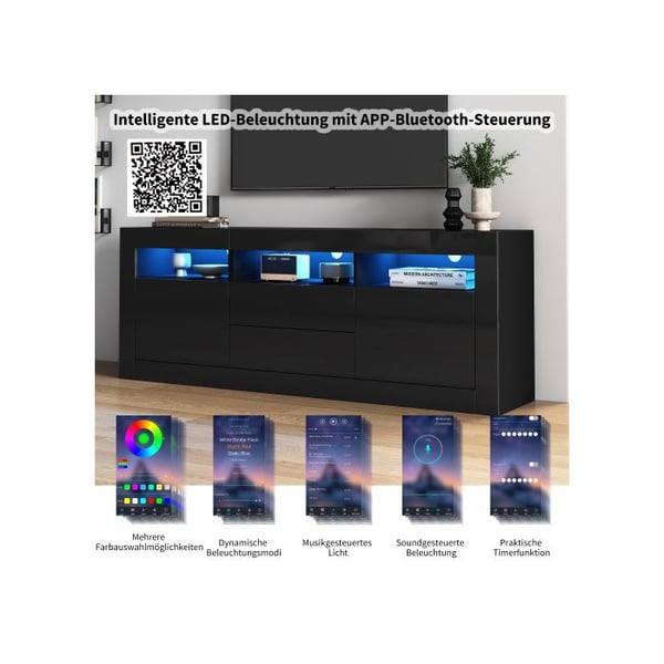 TV-møbel - MUVOE - 160x35x60cm - Blank - LED-belysning - 3 åbne rum