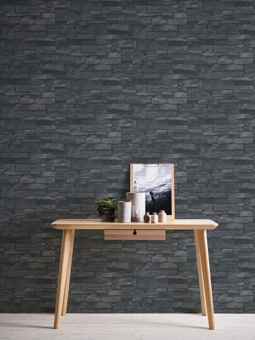 Non-woven tapeter - svart - stenimitation - Mönstrade tapeter - Elements II - A.S