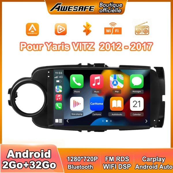 AWESAFE Android 13 bilradio för Yaris VITZ (2012-2017) 2Go+32Go 9'' Pekskärm med Carplay Android Auto GPS WiFi