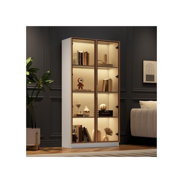 Glasvitrine med LED-belysning 16 farver, dobbeltdørs vitrineskab med justerbare hylder, 80*40*160 cm
