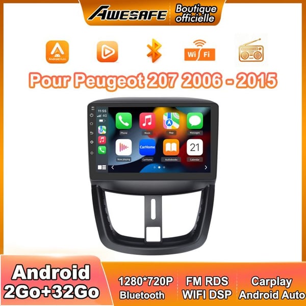 AWESAFE Autoradio Android 13 för Peugeot 207 (2006-2015) 2Go+32Go 9'' Touchskärm Carplay Android Auto GPS WiFi Bluetooth