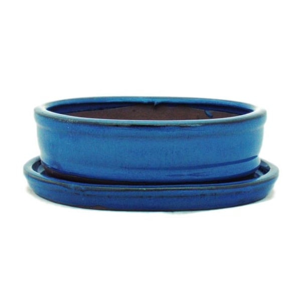 Bonsaiskål med underfat Gr. 2 - Blå - oval - Model O7 - L 15,5cm - B 12cm - H 4,5cm