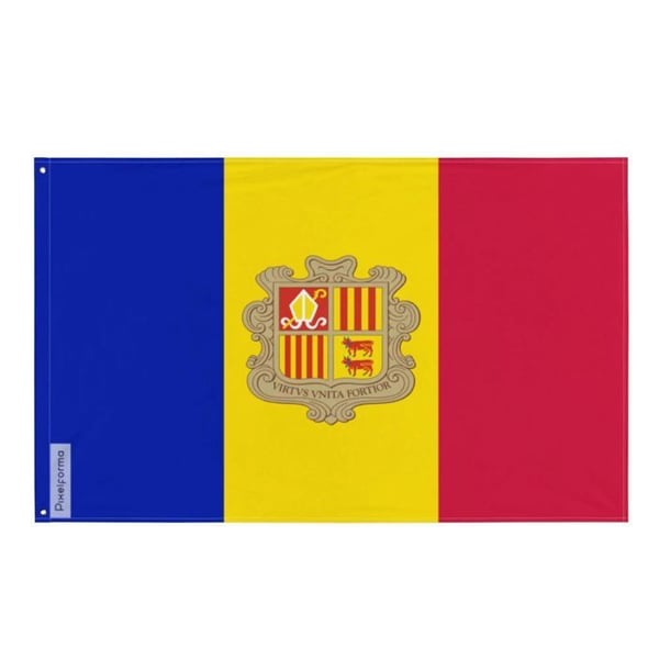 Andorranska flaggan – 60 x 90 cm – Hållbar polyester – 2 metallöglor – Inomhus / Utomhus – Pixelforma